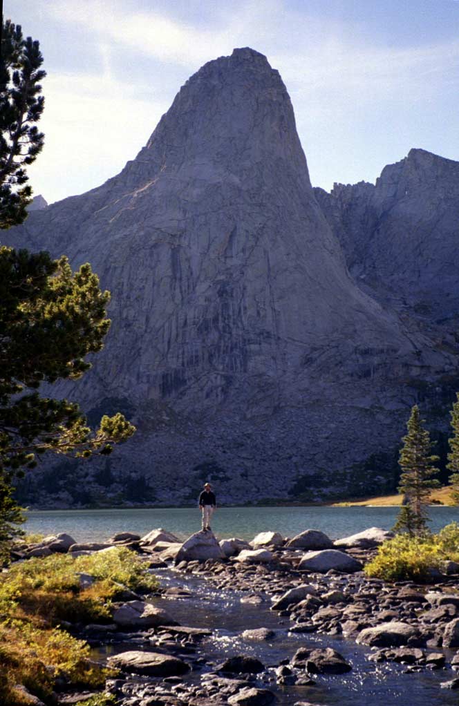 Keith standing at the head of the North Fork of the Popo Agie River. The Cirque of Towers surrounds a beatiful lake called Lonesome Lake. There is no camping or camp fires allowed within 1/4 mile of Lonesome Lake. I'm not one to care for rules and regulations in wilderness areas (that's one reason why you go there, to get away from people and their rules) but it has helped maintain the pristine setting.